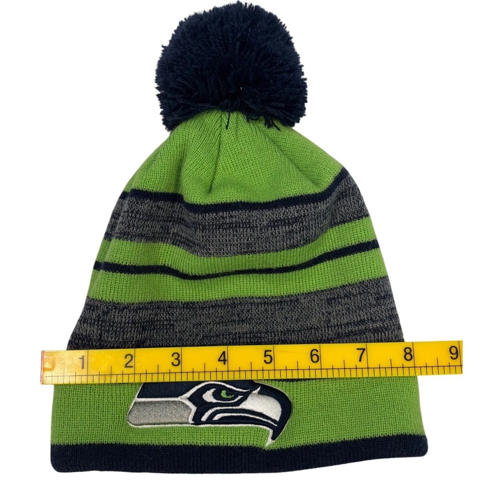 Seattle Seahawks Knit Pom Beanie Green‎ Gray Striped NFL Logo Cuff Winter Hat